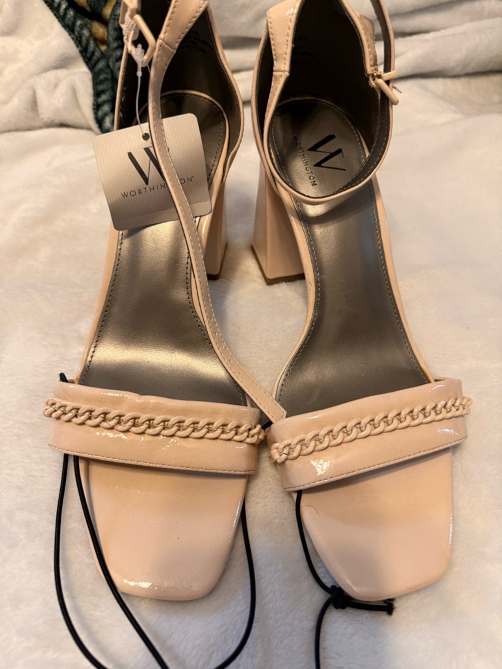 Worthington Blush Patent Block Heel Sandals with Chain Accent